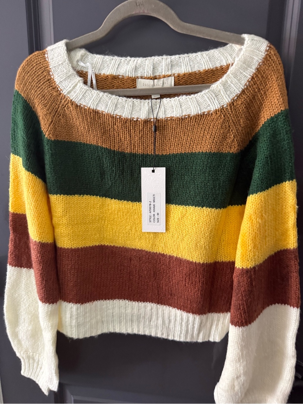 Dance & Marvel Striped Crewneck Sweater in Yellow, Brown, White and Dark Green